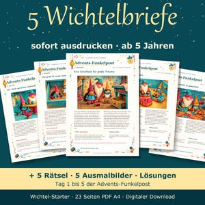 K&ouml;nnte beinhalten: F&uuml;nf druckbare Briefe mit dem Titel 5 Wichtelbriefe, die Illustrationen von Wichteln in festlichen Umgebungen zeigen. Jede Seite enth&auml;lt die &Uuml;berschrift Advents-Funkelpost, deutschen Text und bunte Wichtelbilder. Das Set umfasst f&uuml;nf R&auml;tsel, f&uuml;nf Ausmalbilder und L&ouml;sungen als 23-seitiger A4-PDF-Download.
