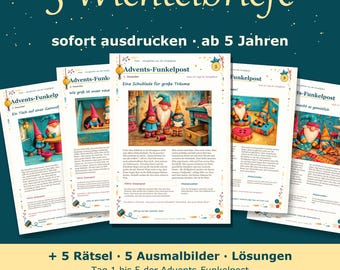 Könnte beinhalten: Fünf druckbare Briefe mit dem Titel 5 Wichtelbriefe, die Illustrationen von Wichteln in festlichen Umgebungen zeigen. Jede Seite enthält die Überschrift Advents-Funkelpost, deutschen Text und bunte Wichtelbilder. Das Set umfasst fünf Rätsel, fünf Ausmalbilder und Lösungen als 23-seitiger A4-PDF-Download.