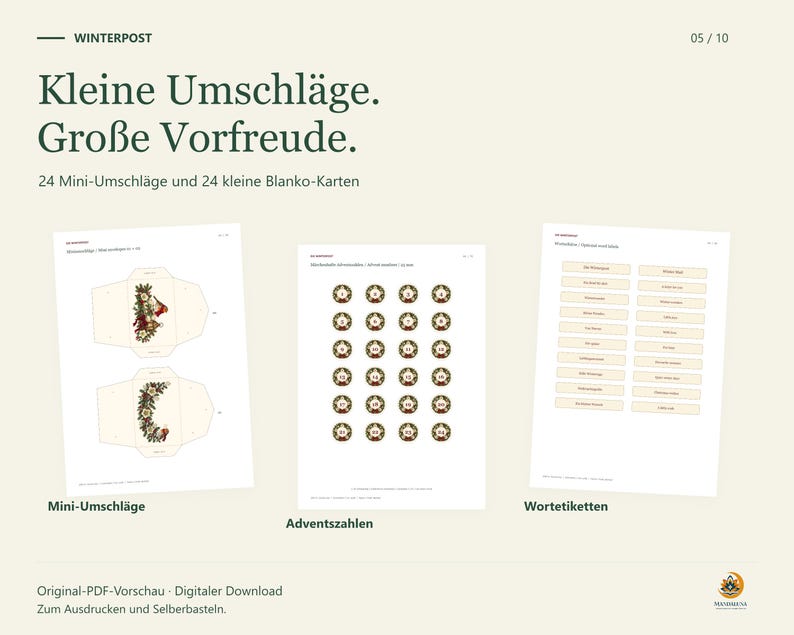 Drei originale Winterpost-PDF-Bögen mit Mini-Umschlägen, Adventszahlen und Wortetiketten. Die Grafik nennt 24 Mini-Umschläge und 24 kleine Blanko-Karten.