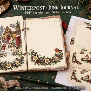 Digitale Gestaltungsvorschau für Winterpost: offenes Ringjournal mit winterlichen Schreibseiten, losen Druckbögen und einer Schmucktasche auf dunkelgrünem Untergrund. PDF-Bastelset zum Selbermachen; 95 Bastelbögen in A4 und US Letter.