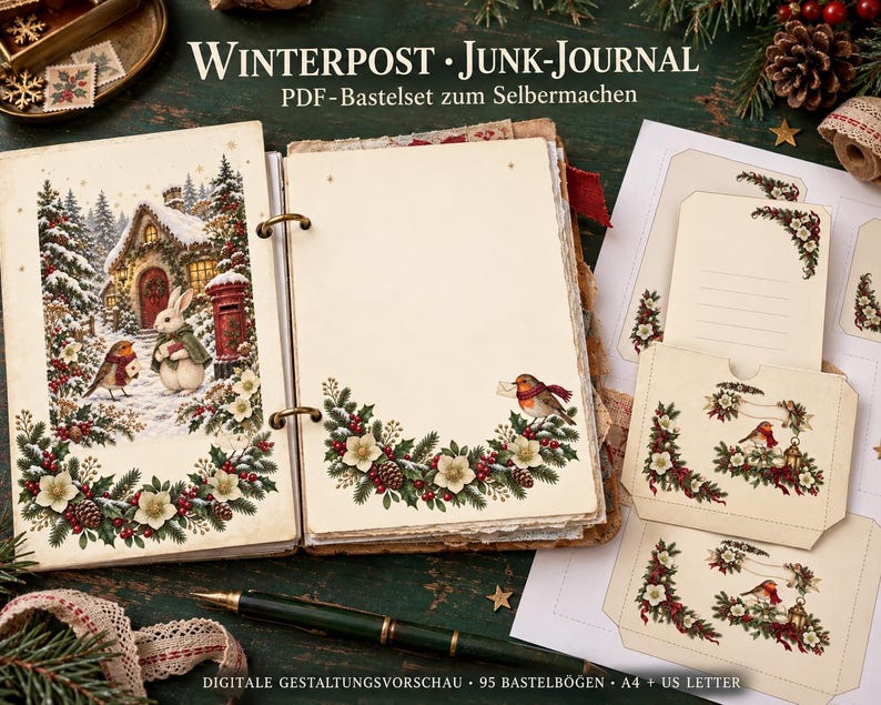 Digitale Gestaltungsvorschau für Winterpost: offenes Ringjournal mit winterlichen Schreibseiten, losen Druckbögen und einer Schmucktasche auf dunkelgrünem Untergrund. PDF-Bastelset zum Selbermachen; 95 Bastelbögen in A4 und US Letter.