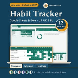 Könnte beinhalten: Eine digitale Gewohnheits-Tracker-Vorlage für Google Sheets und Excel mit jährlicher Heatmap, Fortschrittsdiagrammen und wöchentlicher Checkliste. Die Benutzeroberfläche zeigt grüne und weiße Farbschemata mit Texten wie Habit Tracker und 12 Months.