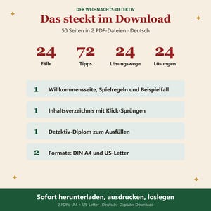 K&ouml;nnte beinhalten: Ein digitaler Download namens Der Weihnachts-Detektiv mit 50 Seiten in 2 PDF-Dateien. Enth&auml;lt 24 F&auml;lle, 72 Tipps, 24 L&ouml;sungswege und 24 L&ouml;sungen. Beinhaltet eine Willkommensseite, Inhaltsverzeichnis, Detektiv-Diplom sowie Formate in DIN A4 und US-Letter.