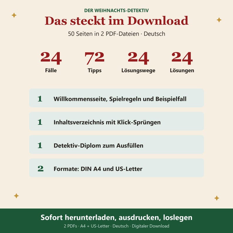 K&ouml;nnte beinhalten: Ein digitaler Download namens Der Weihnachts-Detektiv mit 50 Seiten in 2 PDF-Dateien. Enth&auml;lt 24 F&auml;lle, 72 Tipps, 24 L&ouml;sungswege und 24 L&ouml;sungen. Beinhaltet eine Willkommensseite, Inhaltsverzeichnis, Detektiv-Diplom sowie Formate in DIN A4 und US-Letter.
