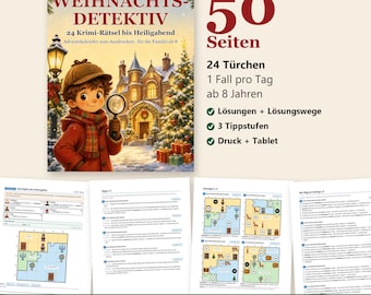 Könnte beinhalten: Ein druckbarer Weihnachts-Krimi-Adventskalender mit dem Titel Der WEIHNACHTS-DETEKTIV, der einen jungen Detektiv mit Lupe, ein verschneites Herrenhaus und 50 Seiten mit 24 täglichen Rätseln ab 8 Jahren zeigt, inklusive Lösungen, Hinweisen und digitalen Formaten.