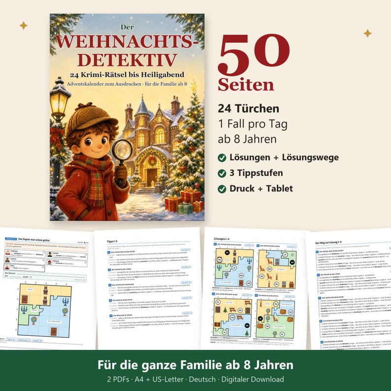 K&ouml;nnte beinhalten: Ein druckbarer Weihnachts-Krimi-Adventskalender mit dem Titel Der WEIHNACHTS-DETEKTIV, der einen jungen Detektiv mit Lupe, ein verschneites Herrenhaus und 50 Seiten mit 24 t&auml;glichen R&auml;tseln ab 8 Jahren zeigt, inklusive L&ouml;sungen, Hinweisen und digitalen Formaten.