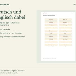 Originaler Winterpost-PDF-Bogen mit deutschen und englischen Wortetiketten. Die Grafik nennt A4 und US Letter mit gleichen Motiven sowie einseitigen Druck und weiße Rückseiten.