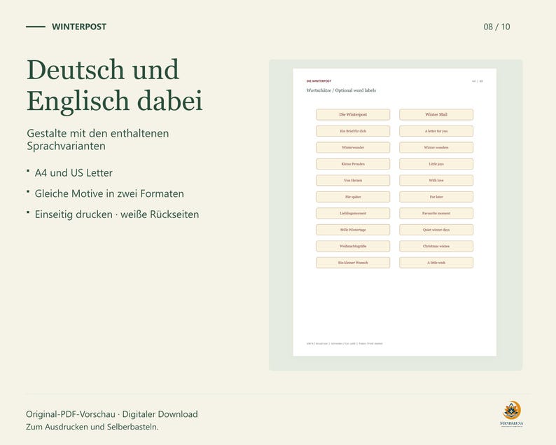 Originaler Winterpost-PDF-Bogen mit deutschen und englischen Wortetiketten. Die Grafik nennt A4 und US Letter mit gleichen Motiven sowie einseitigen Druck und weiße Rückseiten.