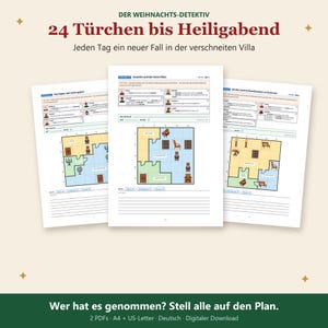 K&ouml;nnte beinhalten: Drei wei&szlig;e Papierb&ouml;gen mit Logikr&auml;tseln unter dem Titel Der Weihnachts-Detektiv 24 T&uuml;rchen bis Heiligabend. Jede Seite zeigt einen Grundriss einer Villa mit illustrierten M&ouml;bel-Icons, Charakterportr&auml;ts und Texten in deutscher Sprache.