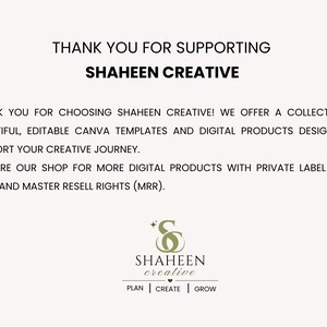 Może przedstawiać: Cyfrowa grafika z czarnym tekstem na jasnym tle. Tekst brzmi: THANK YOU FOR SUPPORTING SHAHEEN CREATIVE. THANK YOU FOR CHOOSING SHAHEEN CREATIVE! WE OFFER A COLLECTION OF BEAUTIFUL, EDITABLE CANVA TEMPLATES AND DIGITAL PRODUCTS. SHAHEEN CREATIVE PLAN | CREATE | GROW.