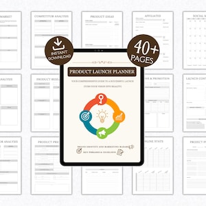 May include: A digital product launch planner featuring a central cover page with a colourful circular icon, a lightbulb graphic, and the text Product Launch Planner. The surrounding layout displays various planning templates including SWOT analysis, social media calendars, and competitor analysis sheets.