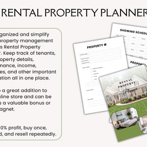 Może przedstawiać: Zestaw dokument&oacute;w Rental Property Planner zawierający stronę tytułową ze zdjęciem domu i wnętrz oraz strony zatytułowane Property #, Showing Schedule i Property Inspection. Tekst zawiera Rental Property Planner.