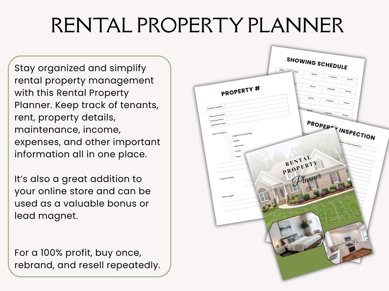Może przedstawiać: Zestaw dokument&oacute;w Rental Property Planner zawierający stronę tytułową ze zdjęciem domu i wnętrz oraz strony zatytułowane Property #, Showing Schedule i Property Inspection. Tekst zawiera Rental Property Planner.