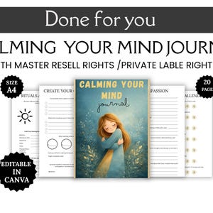 May include: A digital journal titled Calming Your Mind Journal featuring an illustration of a person hugging themselves amidst foliage. The set includes 20 A4 pages with prompts for rituals, compassion, and challenges, fully editable in Canva.