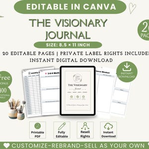 以下が含まれることがあります： The Visionary Journalと題されたデジタル製品セットで、21.59 x 27.94 cmサイズの編集可能な20ページが含まれています。ディスプレイには、表紙、週間プランナーシート、3-6-9メソッドテンプレートが表示されたタブレットが示されています。