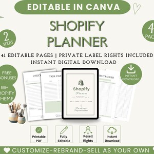 Op de afbeelding: Een digitale Shopify-planner-sjabloon met 41 bewerkbare pagina's, met een centraal tablet-display dat de voorpagina toont, omringd door verschillende interne paginalay-outs zoals checklists en trackers, allemaal gepresenteerd in een strak saliegroen en wit kleurenschema.