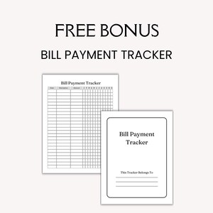 Może przedstawiać: Dokument do śledzenia płatności rachunk&oacute;w do druku, zawierający stronę tytułową z tekstem 'Bill Payment Tracker' i 'This Tracker Belongs To' nad pustymi liniami oraz stronę z siatką z kolumnami na datę, opis, kwotę i miesiące.