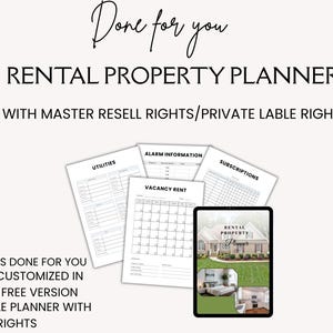Może przedstawiać: Cyfrowy planer nieruchomości na wynajem składający się z 26 stron, z tekstem Done for you RENTAL PROPERTY PLANNER WITH MASTER RESELL RIGHTS/PRIVATE LABLE RIGHTS. Zawiera arkusze dotyczące medi&oacute;w, informacji o alarmach, subskrypcji i czynszu.