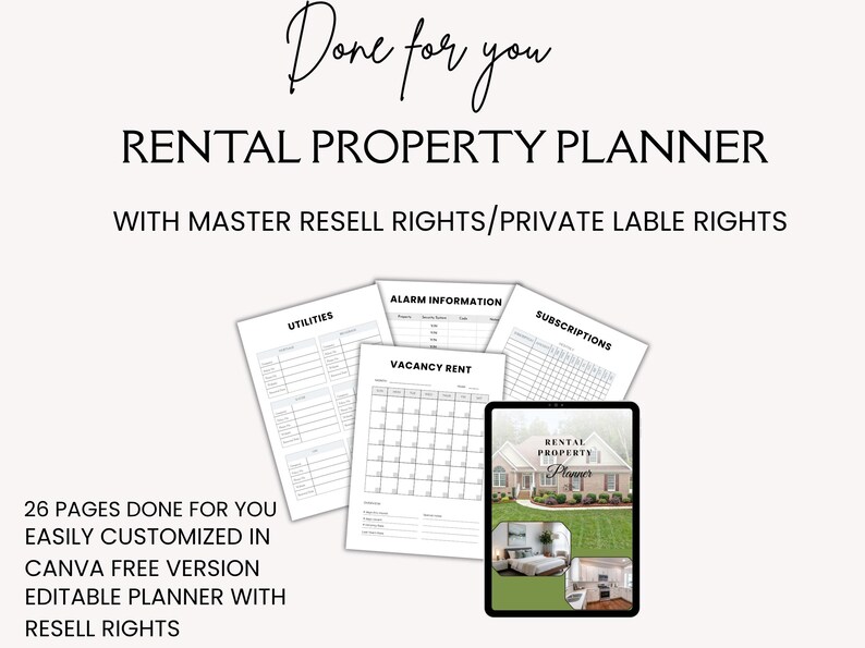 Może przedstawiać: Cyfrowy planer nieruchomości na wynajem składający się z 26 stron, z tekstem Done for you RENTAL PROPERTY PLANNER WITH MASTER RESELL RIGHTS/PRIVATE LABLE RIGHTS. Zawiera arkusze dotyczące medi&oacute;w, informacji o alarmach, subskrypcji i czynszu.