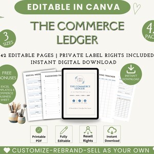 May include: A digital commerce ledger template set featuring 42 editable pages, including social media and password trackers. The design includes text labels like THE COMMERCE LEDGER, PRIVATE LABEL RIGHTS INCLUDED, and INSTANT DIGITAL DOWNLOAD.