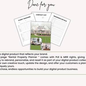 Może przedstawiać: 26-stronicowy zestaw dokument&oacute;w cyfrowych Rental Property Planner zawierający stronę tytułową ze zdjęciem domu i wnętrz oraz arkusze śledzenia z etykietami Client Tracking, Contact List i Insurance Details z czarnym tekstem na białym papierze.
