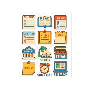 College Reading Planner Sticker Sheet PNG | Academic Study Tracker — Print and Cut 16 Designs