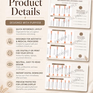 Puede incluir: Una hoja de detalles de producto digital que presenta una tabla de reconstitución y dosificación con una paleta de colores neutros. El texto incluye Product Details, Designed with Purpose y enumera características como diseño de referencia rápida, uso digital o impreso.