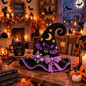 May include: A black crocheted witch hat featuring a purple bat, a yellow crescent moon, and star accents. The hat is decorated with a purple bow, small flowers, and dangling star charms. The brim is trimmed with a purple crocheted edge.