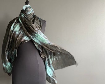 green black scarf - Mint storm - green, mint, black silk scarf.