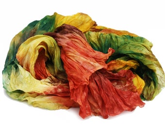 fall silk scarf - Indian Summer - yellow, green, orange silk ruffled scarf.