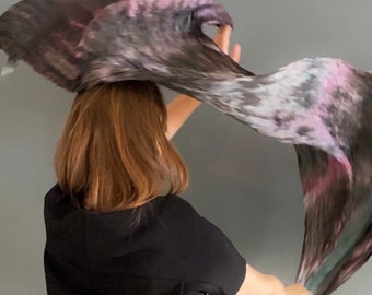 black silk scarf -  Ash Shell - pink, black, grey, green silk scarf.