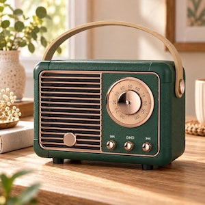 May include: A dark green portable radio with a textured finish, featuring a light wood-toned handle, a rose gold circular tuning dial, and a horizontal speaker grille. Three small rose gold control knobs are positioned below the dial.
