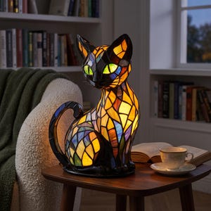 Può includere: Una lampada da tavolo a forma di gatto realizzata con pezzi di vetro colorato nelle tonalità ambra, arancione e blu. La lampada presenta occhi in vetro verde brillante e una cornice nera, emettendo una luce calda dal corpo geometrico multicolore.