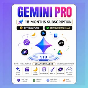 以下が含まれることがあります： Gemini Pro 18ヶ月サブスクリプションのデジタルグラフィック。5TB Cloud Storageとラベル付けされた白い台座上の青と紫の星のアイコンが中央にあり、バナナ、本、泡立て器、銀河、雲のアイコンが周囲に配置されています。テキストにはEliteTreasureHub、What's Included、サービス機能が含まれています。