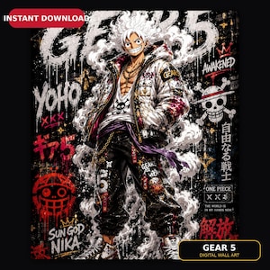 Luffy Gear 5 Wall Art, One Piece Anime Poster, Graffiti Canvas Print, Manga Room Decor, Gift for Anime Fans