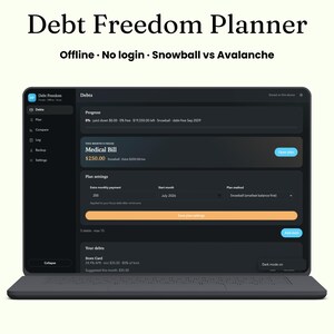 Op de afbeelding: Een digitale interface voor een schuldvrij-planner op een laptopscherm. Het donkere dashboard toont secties voor schulden, voortgangsregistratie, planinstellingen en een maandelijkse focus op een medische rekening met een sneeuwbalmethode.