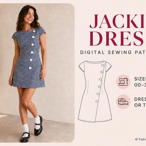 Schnittmuster (PDF) für ein Minikleid mit Mondmotiv und Top, A-Linien-Schnittkleid mit Knopfleiste vorne, Prinzessnähte, kurze Ärmel, Größen 00-30