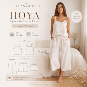 HOYA Pajama Set Sewing Pattern PDF, Camisole Top, Pants & Shorts Pattern, Women Sleepwear, Sizes 34-48, A4 US Letter