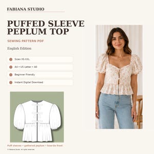 Peut inclure: Un patron de couture PDF pour un haut à basque et manches bouffantes par Fabiana Studio. Le modèle présente une encolure carrée, des manches courtes bouffantes et une fermeture à nouer sur le devant. Tailles XS-XXL, formats A4, US Letter et A0.
