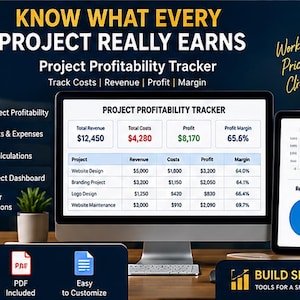 May include: A digital project profitability tracker displayed on a computer monitor and tablet screen. The interface shows tables and charts for revenue, costs, profit, and margins. Text includes Know What Every Project Really Earns and Build Sheet Pro.