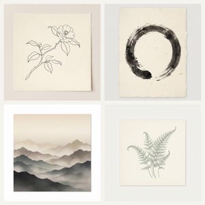 Può includere: Un set di quattro stampe artistiche quadrate con un disegno a linee nere di un fiore, un cerchio a pennellate di inchiostro nero, un paesaggio sfumato di montagne stratificate in tonalità grigie e beige e un disegno a linee verdi di una felce.
