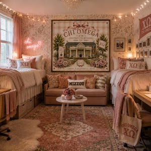 Peut inclure: Une chambre avec deux lits jumeaux à la literie blanche et aux accents roses, un canapé rose central, une table basse ronde blanche et deux bureaux en bois. Une grande affiche encadrée de la maison Chi Omega orne le mur tapissé de fleurs.
