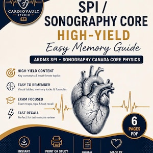 Può includere: Una guida allo studio digitale intitolata SPI / SONOGRAPHY CORE HIGH-YIELD Easy Memory Guide per ARDMS SPI e Sonography Canada Core Physics. La copertina presenta un'illustrazione anatomica dettagliata del cuore, icone e 6 pagine di contenuti.