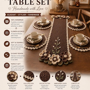 May include: A dark brown crochet table set featuring a long runner and four circular placemats. The runner includes cream and brown 3D layered flower accents and embroidered green leaf stems. Each piece has a cream-colored scalloped edge border.