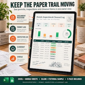Könnte beinhalten: Ein digitales Tablet zeigt ein Dashboard für Genehmigungs-, Inspektions- und Abschlussberichte mit Projektverfolgungsdiagrammen, Statusleisten und einer Tabelle. Der Bildschirm enthält Text wie Keep the Paper Trail Moving, Document Register, Permit Log, Inspection Log, Closeout und Status sowie eine Hausillustration und Fortschrittsdaten.