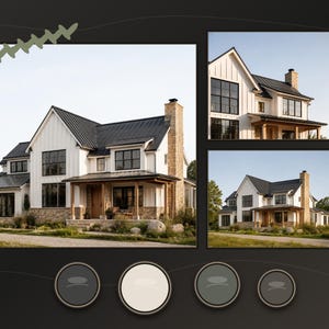 Op de afbeelding: Een collage met een huis van twee verdiepingen met witte verticale gevelbekleding, een donker metalen dak en stenen accenten aan de onderkant van de buitenkant. Het huis heeft zwart omlijste ramen, een houten veranda en een stenen schoorsteen. Vier cirkelvormige kleurstalen staan eronder.
