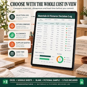 May include: A digital tablet displaying a Materials & Fixtures Decision Log spreadsheet with columns for item, supplier, allowance, cost, lead time, and status. The screen includes a budget bar chart and an item status pie chart for home renovation.