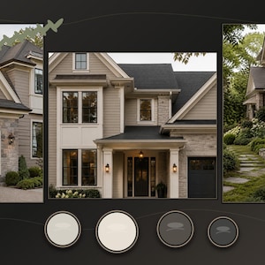 May include: A multi-panel display of a two-story house with beige horizontal siding, stone accents, and a dark shingled roof. The exterior features black-framed windows, a dark front door, and a stone walkway. Four circular color swatches are below.