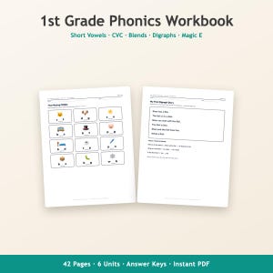 May include: A 1st Grade Phonics Workbook featuring 42 pages, 6 units, and answer keys. The cover displays the title and topics including Short Vowels, CVC, Blends, Digraphs, and Magic E. Two sample pages show exercises for missing middle letters.