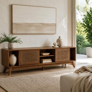 May include: A long, rectangular wooden media console featuring two central cabinets with woven cane doors, open side shelving, and tapered legs. The console is topped with a beige ceramic vase and a white coral-like sculpture on a flat surface.